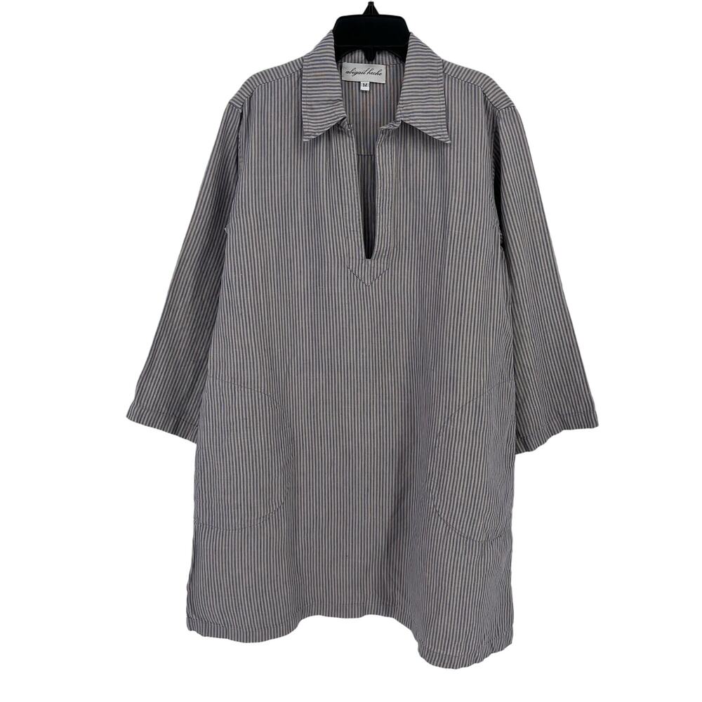 Abigail Heche Striped Collared Linen Shirt Dress With Pockets Size Medium